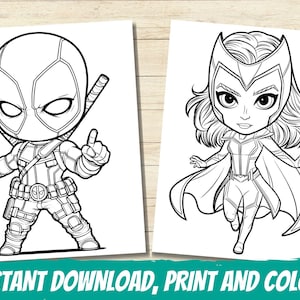 May include: Black and white coloring pages featuring a cartoon Deadpool and Scarlet Witch.  The characters are drawn in a chibi style, with large heads and small bodies.  The pages are ready to be printed and colored.