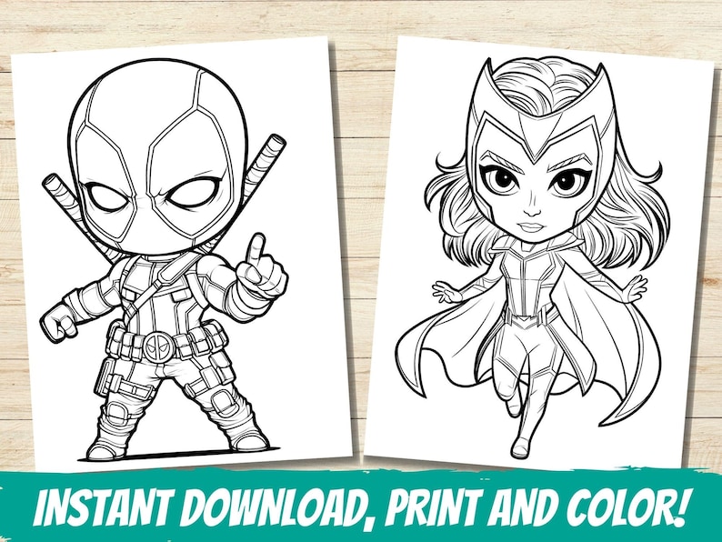 May include: Black and white coloring pages featuring a cartoon Deadpool and Scarlet Witch.  The characters are drawn in a chibi style, with large heads and small bodies.  The pages are ready to be printed and colored.