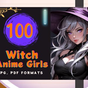 Puede incluir: Ilustración digital de una bruja de estilo anime con cabello plateado, ojos morados y un atuendo negro. La imagen incluye el texto "100 Witch Anime Girls" en naranja y verde, con "JPG, PDF FORMATS" debajo.