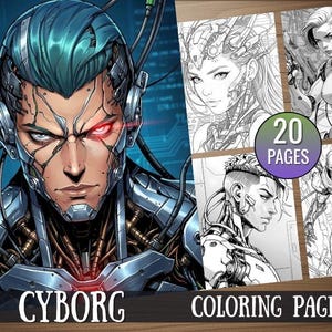 Puede incluir: Ilustración digital de un cyborg con cabello azul y un ojo rojo, con la palabra "CYBORG" debajo. A la derecha, páginas para colorear en blanco y negro de cyborgs, con un círculo que dice "20 PAGES" y las palabras "COLORING PAGES" debajo.