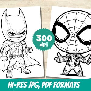 May include: Black and white coloring pages featuring a cartoon superhero with a cape and a cartoon superhero with a spider web design on their mask. The text "300 dpi" and "HI-RES JPG, PDF FORMATS" is included in the image.