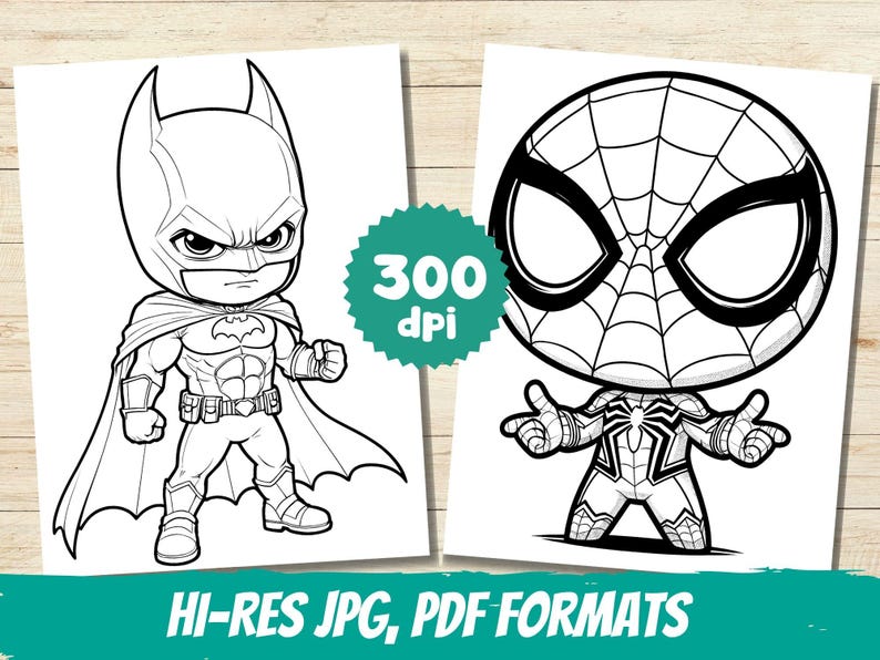 May include: Black and white coloring pages featuring a cartoon superhero with a cape and a cartoon superhero with a spider web design on their mask. The text "300 dpi" and "HI-RES JPG, PDF FORMATS" is included in the image.
