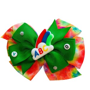 Back to School Hair Bow, Tie Dye Grosgrain Ribbons HairBow, Kindergarten Bow, Green Hair Bow for Girl & Toddler, School Snap Clips