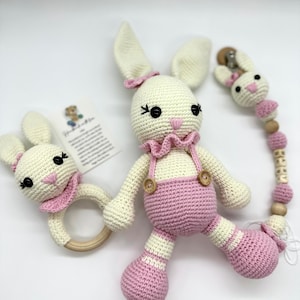 Newborn Crochet Bunny Toy Set-3 Pieces-Bunny Doll 11 inch-Dummy Clip With Crochet Rabbit-Baby Teeth Ring With Rattle-Healthy Baby Toy