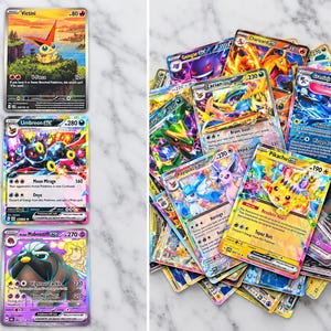 May include: A collection of colorful trading cards featuring various illustrated creatures. Three individual cards are displayed on the left, while a large, overlapping pile of assorted trading cards is positioned on the right side of the image.
