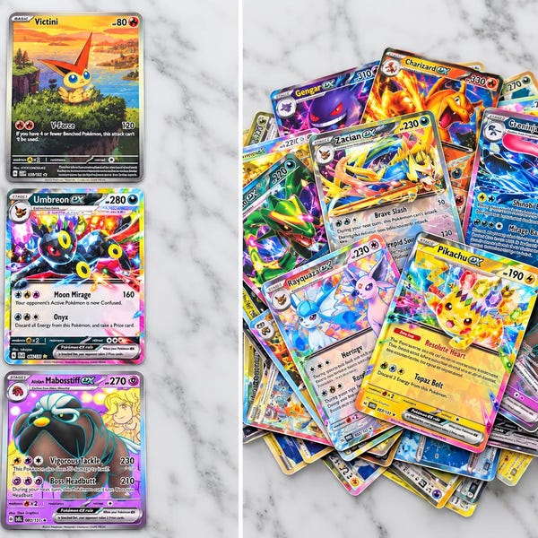 May include: A collection of colorful trading cards featuring various illustrated creatures. Three individual cards are displayed on the left, while a large, overlapping pile of assorted trading cards is positioned on the right side of the image.
