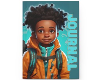 May include: A colorful journal cover featuring a cartoon illustration of a young person with brown skin and curly black hair wearing a bright orange jacket with a teal backpack. The text "JOURNAL" is written vertically in a teal and orange font on the right side of the image.
