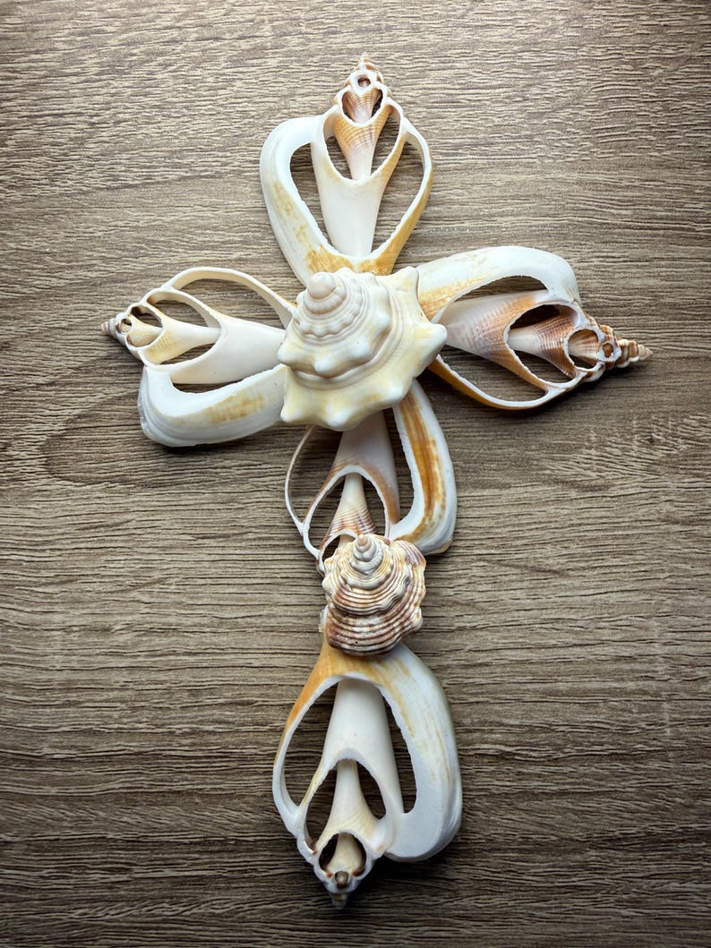 May include: A decorative cross made from various seashells. The cross features a central spiral shell and is composed of white and tan shells arranged in a cross shape. The cross is set against a wooden background.
