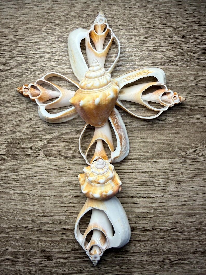 May include: A decorative cross made from various seashells. The cross features a central, spiral-shaped shell in shades of tan and cream, with other shells forming the arms. The background is a wooden surface.