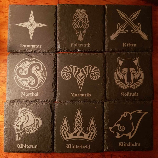 Skyrim  Hold Guard Shield / Banner Coasters - Choice of Designs - 10 x 10cm Laser Engraved Slates