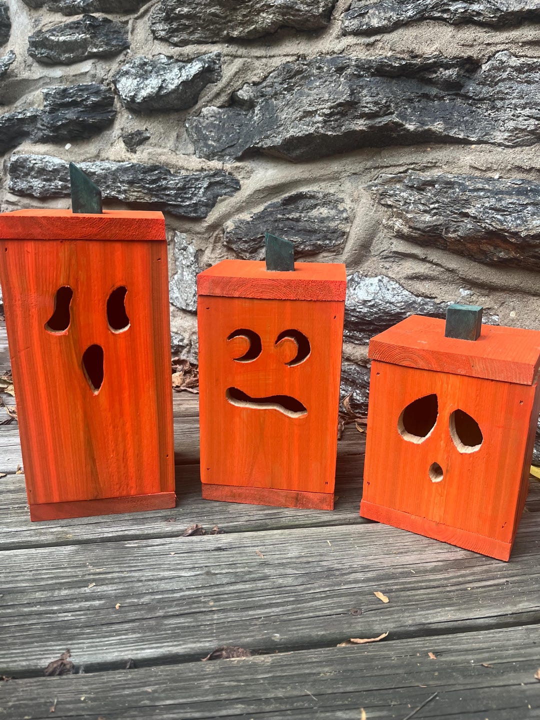 Rustic Wooden Jack-o-lantern Halloween Decor Wood Pumpkin LED Lights ...
