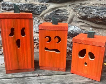 Rustic wooden jack-o-lantern halloween decor wood pumpkin LED lights lantern outdoor decoration