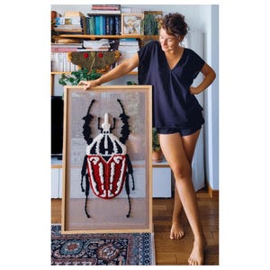 May include: A framed needlepoint artwork of a large, colorful beetle with black legs, red and white wings, and a white head. The artwork is hanging on a wall in a home.