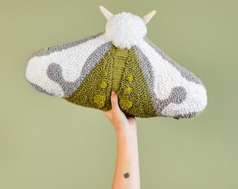 PILLOW MOTH HAPLOA green punchneedle embroidery, livingroom decor pillow, cushion bug inspired by nature