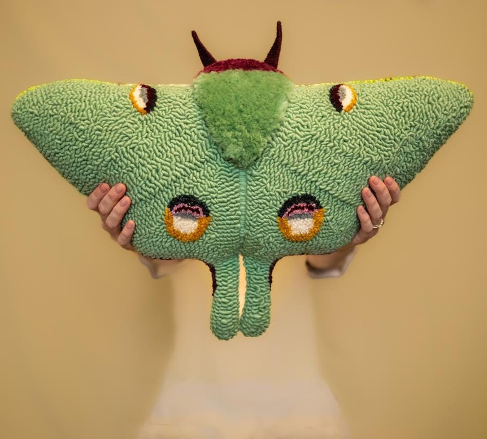 PILLOW LUNA MOTH punchneedle embroidery, eclectic aesthetics decor pillow, cushion inspired by nature