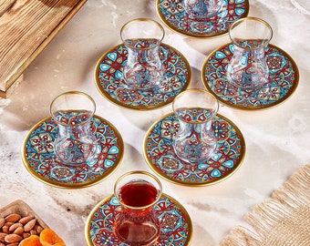 Fancy Vintage Handmade Set for Serving LaModaHome Turkish Arabic Tea Glasses Set Teatime New Home Wedding Gift 12 Pcs Tugce Gold Color Turkish Tea Set