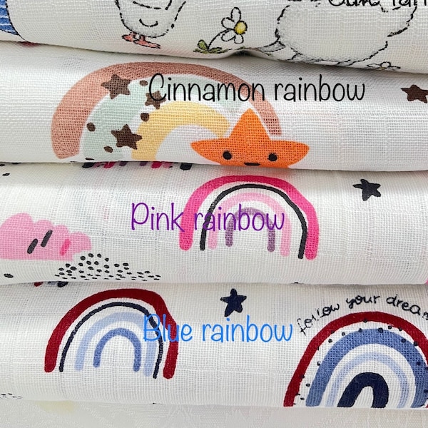 Rainbows Doublegauze, wide 1.74yrd, Gift for infant, kids, cute farm, rainbows 100% Cotton, Reusable, ecofrindly, soft, nursery