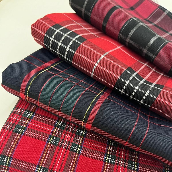 Red Plaids soft gabardine, Wide 59in, 230gsm, Dyed yarn Woven Polyviscose, Dress, Jacket, Poncho,  Tie, hat, skirt, cushion, Wrap, Tartan,