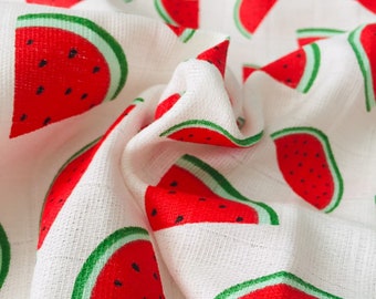 Double Gauze Natural fabric, sweet watermelon print muslin, Natural Fabric, wide 164 yrd, 100% Cotton, baby towel fabric, fruit printed,