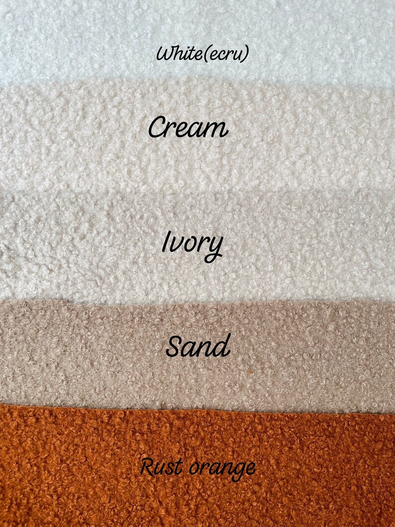 Może przedstawiać: Pięć pr&oacute;bek tkaniny w r&oacute;żnych odcieniach bieli, kremu, kości słoniowej, piasku i rdzawej pomarańczy. Pr&oacute;bki są ułożone pionowo od najjaśniejszego do najciemniejszego.