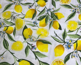 Lemon garden muslin fabric, printed muslin, Natural Fabric, organic Fabric, double Gauze, 100% Cotton, soft breathable, waterabsorbing