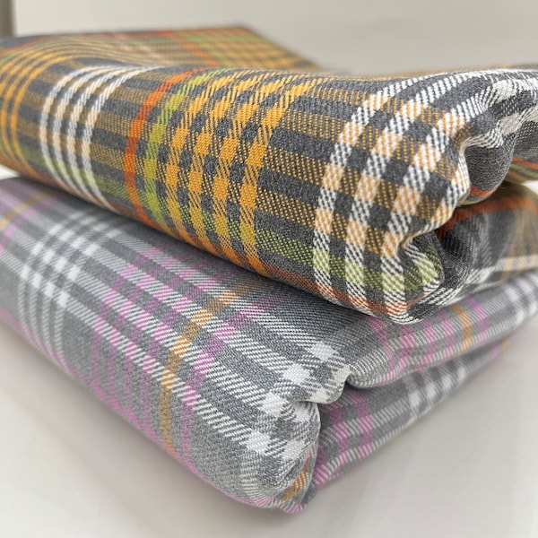 Pink Gray Polyviscose, Wide 59in, Gray Plaid Fabric, Tartan, Orange Gray, Dress, clothing, table cloth, Poncho, Scarf, tote bag, 230 gsm