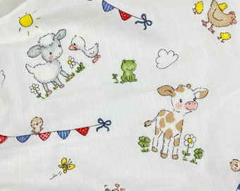 Cute Farm print double gauze, wide 66inc, baby muslin fabric, bathrobe fabric, organic Baby Fabric, double Gauze Fabric, 100% Natural Cotton