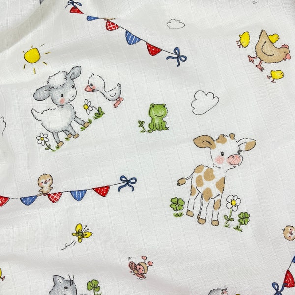 Cute Farm print double gauze, wide 170cm/ baby muslin fabric, bathrobe fabric, organic Baby Fabric, double Gauze Fabric, 100% Natural Cotton