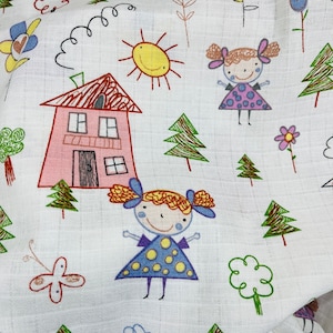 Child picture Double Gauze Fabric, wide 1,75yard, Natural Muslin, breathable, 100% Cotton, baby blanket, ecofriendly, gift, reusable,cartoon