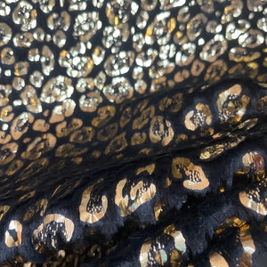 Black Gold leopard printed plush, wide 1.64 yarda, vegan, faux fur coat, fur cuffs collars, by the yard meter, gold animal printed