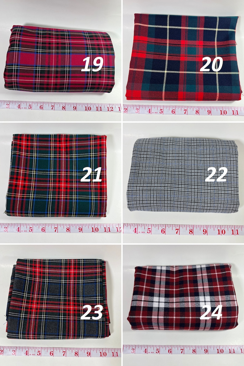 May include: Six folded fabric swatches labeled 19 through 24, each featuring distinct plaid patterns in red, green, blue, black, white, and gray. A white measuring tape is visible below each swatch, showing measurements up to 11 inches.