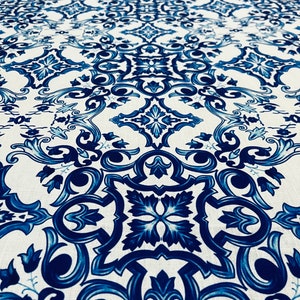 Majolica linnetyg, brett 1,64 yards, poly linne, kläder, bordsduk, gardin, förkläde, heminredning, löpare, draperi, kudde, hantverk, blå