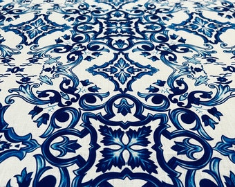 Majolica linen fabric, wide 1.64 yards, poly linen, apparel, tablecloth, curtain, apron, home decor, runner, drapery, pillow, craft, blue