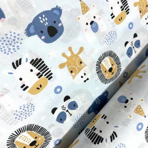 Cute Animal Cotton Poplin Fabric, Extra Wide 94”, Baby & Kids Sewing Projects, Soft Blue Jungle Theme Fabric,  bedding, lion, giraffe, koala