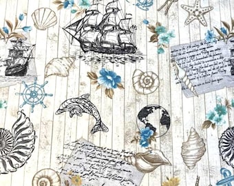 May include: A fabric pattern featuring black line drawings of sailing ships, seashells, a dolphin, a ship wheel, a globe, and anchors on a white background with vertical wood grain lines, blue floral accents, and handwritten script text fragments.