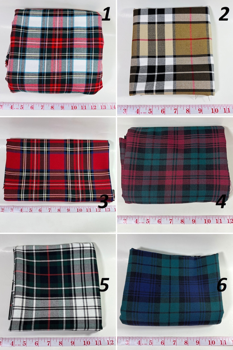 Six different plaid fabric swatches, each folded and displayed on a white surface with a measuring tape. The swatches are in various colors including red, white, black, green, blue, and brown.