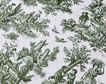 Canvastyg, brett 70 tum, Vattentät klädsel, Grön fransk bondgård, Husmönster, Lantlig stil, Toile de jouy, Gardintyg