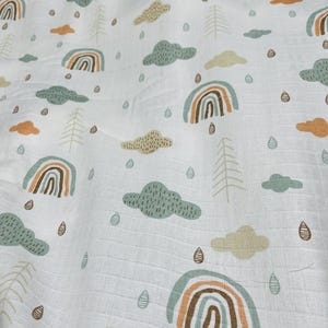 Mint rainbow Doublegauze, wide 1.75yard muslin fabric, Mint Cloud Rain print, organic Fabric, 100% Cotton, ecofriendly, soft, breathable