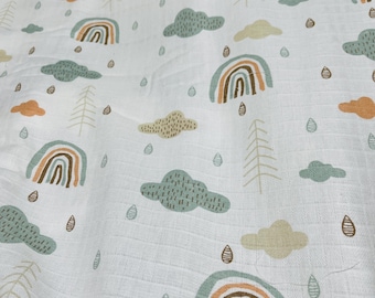 Mint rainbow Doublegauze, wide 1.75yard muslin fabric, Mint Cloud Rain print, organic Fabric, 100% Cotton, ecofriendly, soft, breathable