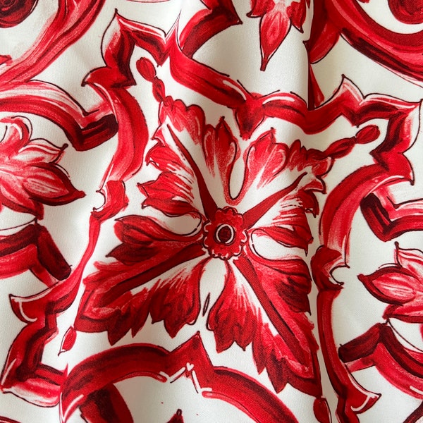 Red Majolica Silky Crepe Fabric, Width 1.64 yards, Sicilian Digital Print, Mediterranean tile style, dress, craft fabric, beach cover, skirt