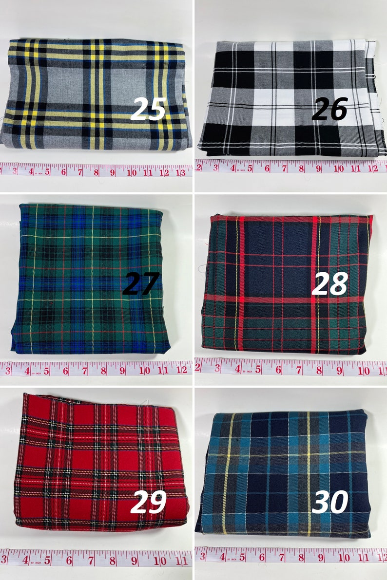 May include: Six folded fabric swatches with plaid patterns labeled 25 through 30. Each swatch is positioned above a measuring tape showing inches. The patterns include gray with yellow, black and white, green and blue, dark green with red, red, and blue.