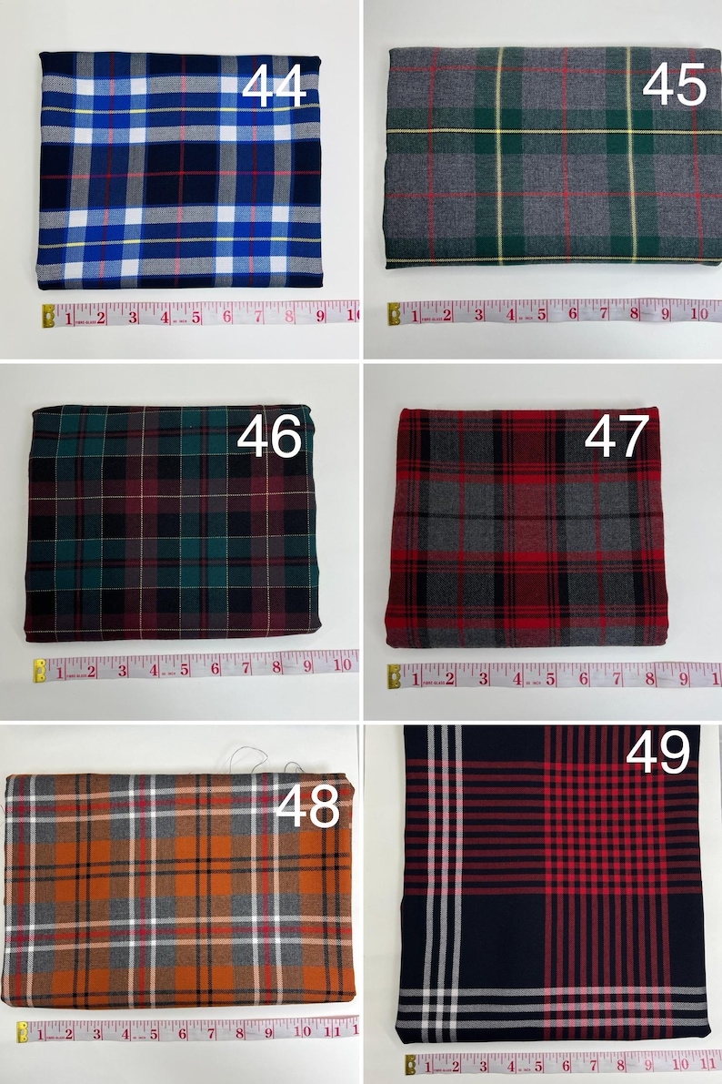 May include: A collection of six folded fabric swatches featuring various plaid patterns labeled 44 through 49. Each swatch is positioned above a measuring tape showing widths between 9 and 11 inches. The patterns include blue, green, red, and orange.