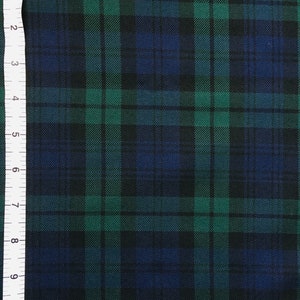 Navy Blue Green Plaid Fabric, Wide 59in, 230gsm, BlackWatch Tartan, Polyviscose, Vintage Dress, Jackets, Poncho, Napkins, Navy Tie, hat,
