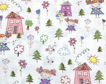 Child picture Double Gauze Fabric, wide 1,75yard, Natural Muslin, breathable, 100% Cotton, baby blanket, ecofriendly, gift, reusable,cartoon