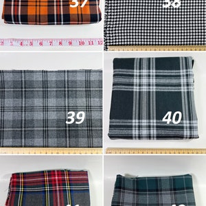 May include: Six folded fabric swatches labeled 37 through 42. Swatch 37 is orange, black, and white plaid. Swatch 38 is black and white houndstooth. Swatch 39 is gray plaid. Swatch 40 is dark gray and white plaid. Swatch 41 is red, gray, and yellow plaid. Swatch 42 is dark green and gray plaid. Measuring tapes show widths up to 12 inches.