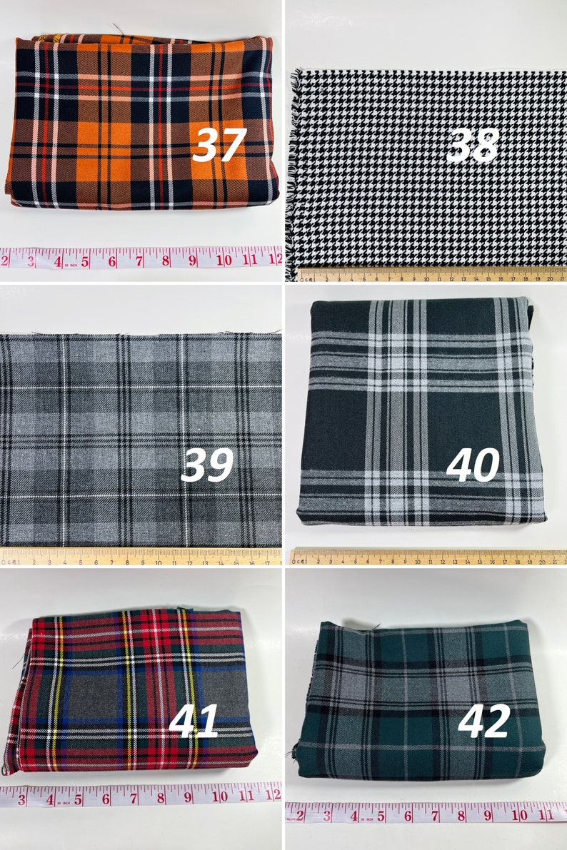 May include: Six folded fabric swatches labeled 37 through 42. Swatch 37 is orange, black, and white plaid. Swatch 38 is black and white houndstooth. Swatch 39 is gray plaid. Swatch 40 is dark gray and white plaid. Swatch 41 is red, gray, and yellow plaid. Swatch 42 is dark green and gray plaid. Measuring tapes show widths up to 12 inches.