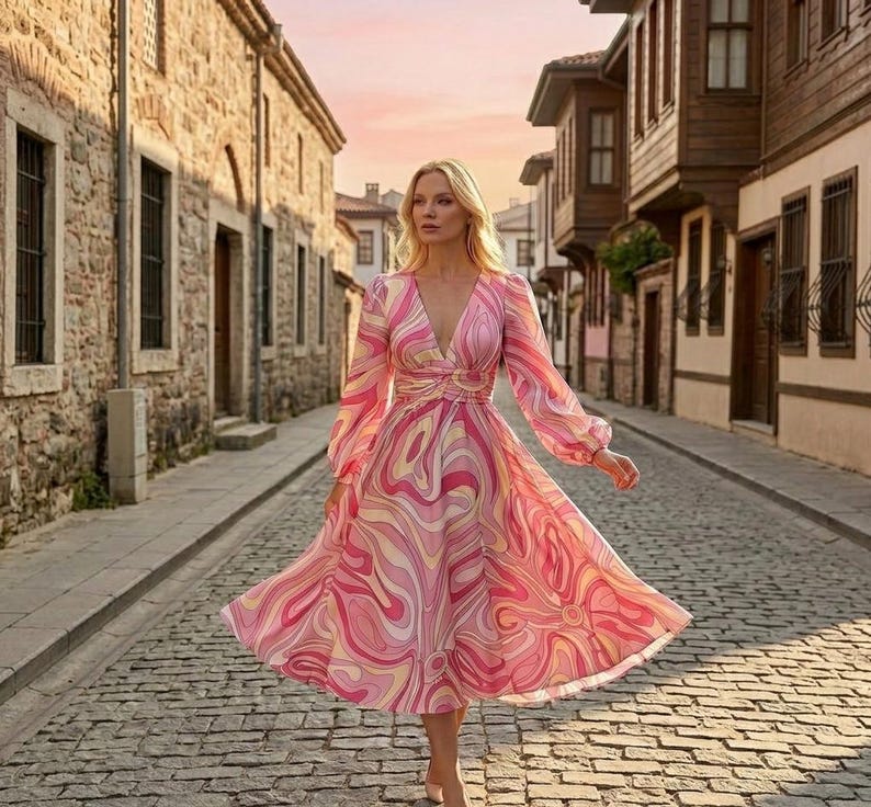 Tela de crepé sedoso retro rosa y amarillo, estampado psicodélico de remolinos de los años 70, crepé de poliéster fluido de 150 cm de ancho para vestidos, ropa de estilo boho chic. imagen 2