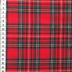 May include: Red plaid fabric with a white, blue, and green checkered pattern.