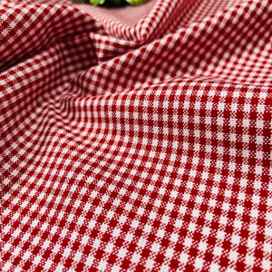 May include: Close-up of a red and white gingham fabric. The fabric is folded, creating shadows and depth. The pattern is a classic, small-scale check, suitable for various craft projects or home decor.