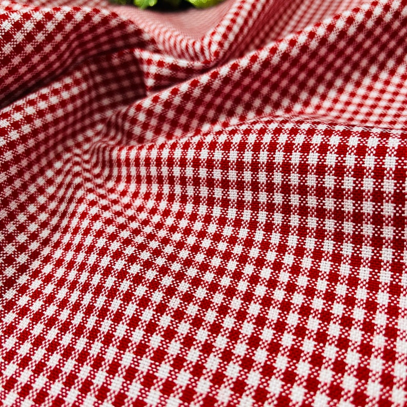 May include: Close-up of a red and white gingham fabric. The fabric is folded, creating shadows and depth. The pattern is a classic, small-scale check, suitable for various craft projects or home decor.